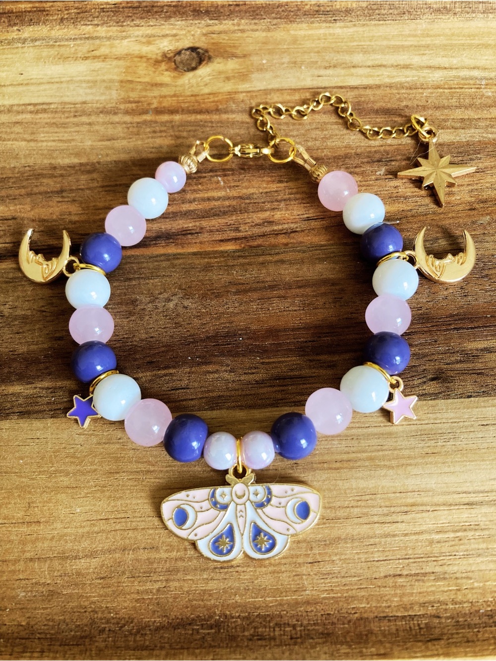 Handmade Gold Star & Moon Beaded Bracelet with Purple & Pink Beads